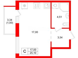 Студия 25.1 м² 2/19 этаж