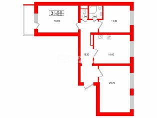 3-комн. кв. 80 м² 11/12 этаж