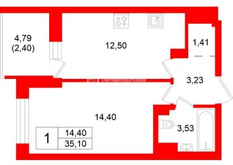  Квартира 35.09 кв.м. у метро Московская