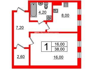 1-комн. кв. 38 м² 1/5 этаж