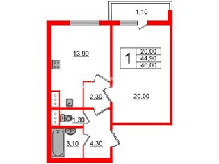 1-комн. кв. 46 м² 22/25 этаж