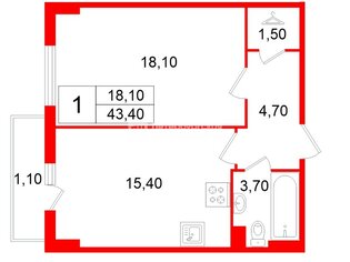 1-комн. кв. 43.4 м² 2/10 этаж