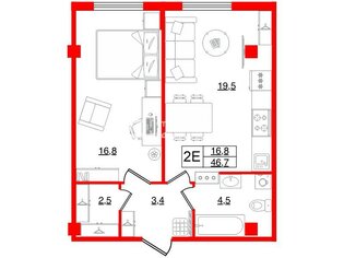 1-комн. кв. 46.7 м² 13/15 этаж