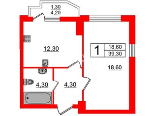 1-комн. кв. 39.3 м² 4/22 этаж