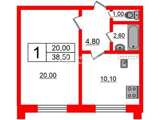 1-комн. кв. 38.5 м² 2/12 этаж