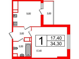  Квартира 34.3 кв.м. у метро Комендантский Проспект