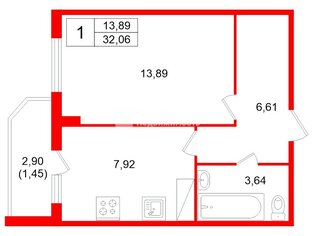 1-комн. кв. 32 м² 13/18 этаж