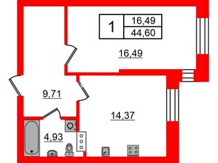 1-комн. кв. 44.6 м² 2/10 этаж