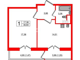 1-комн. кв. 38.6 м² 3/8 этаж