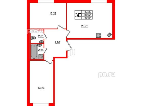 Квартира в ЖК ЦДС Новые горизонты, 2 комнатная, 58.92 м², 3 этаж