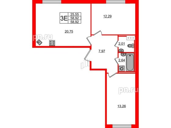 Квартира в ЖК ЦДС Новые горизонты, 2 комнатная, 58.92 м², 2 этаж