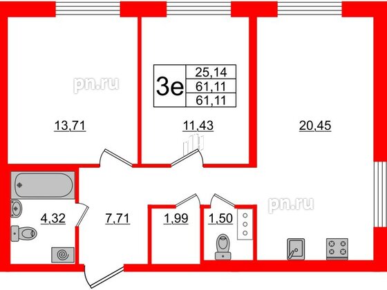 Квартира в ЖК ЦДС Новые горизонты, 2 комнатная, 61.11 м², 2 этаж