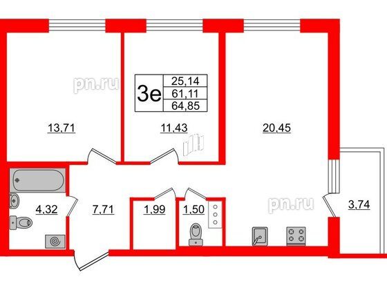 Квартира в ЖК ЦДС Новые горизонты, 2 комнатная, 61.11 м², 12 этаж