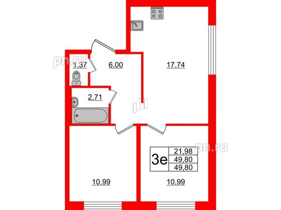 Квартира в ЖК ЦДС Новые горизонты, 2 комнатная, 49.8 м², 2 этаж