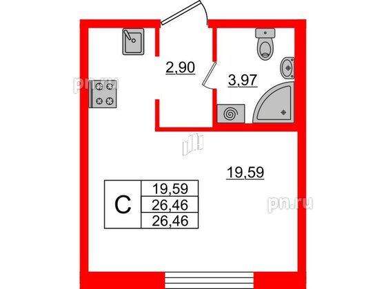 Квартира в ЖК ЦДС Новые горизонты, студия, 26.46 м², 1 этаж