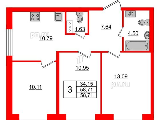 Квартира в ЖК ЦДС Новые горизонты, 3 комнатная, 58.71 м², 2 этаж