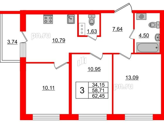 Квартира в ЖК ЦДС Новые горизонты, 3 комнатная, 58.71 м², 15 этаж