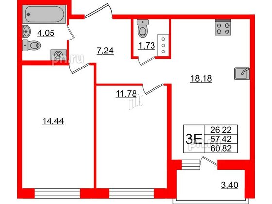 Квартира в ЖК ЦДС Новые горизонты, 2 комнатная, 57.42 м², 15 этаж