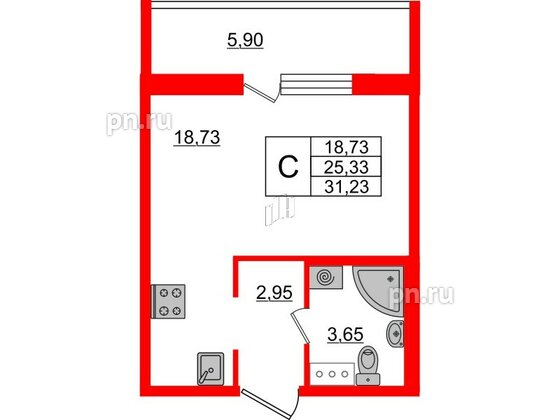 Квартира в ЖК ЦДС Новые горизонты, студия, 25.33 м², 7 этаж