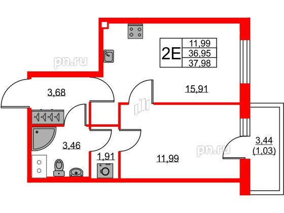 Квартира в ЖК FRIENDS, 1 комнатная, 38.8 м², 22 этаж