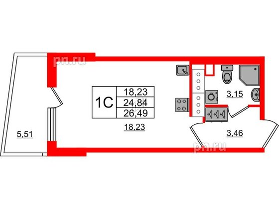 Квартира в ЖК «Чистое небо», студия, 24.6 м², 16 этаж