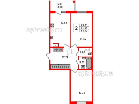 Квартира в ЖК «IQ», 2 комнатная, 64.7 м², 3 этаж