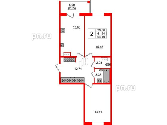 Квартира в ЖК «IQ», 2 комнатная, 64.7 м², 4 этаж