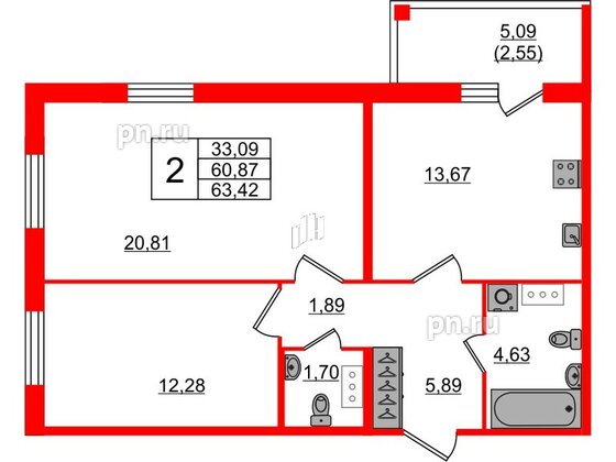 Квартира в ЖК «IQ», 2 комнатная, 64.3 м², 3 этаж