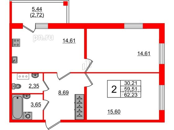 Квартира в ЖК «IQ», 2 комнатная, 62.5 м², 7 этаж