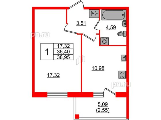 Квартира в ЖК «IQ», 1 комнатная, 39.4 м², 1 этаж