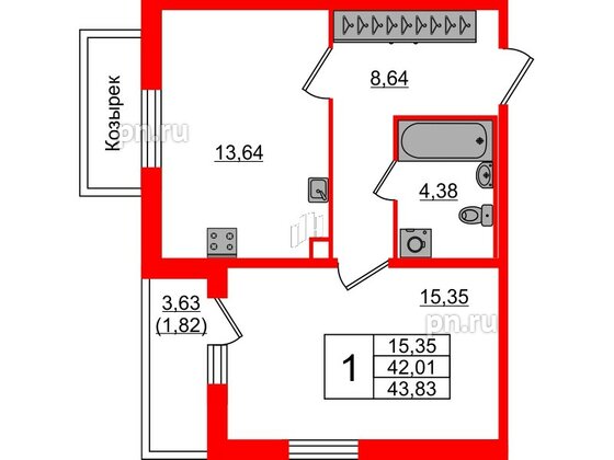 Квартира в ЖК «IQ», 1 комнатная, 44.1 м², 1 этаж