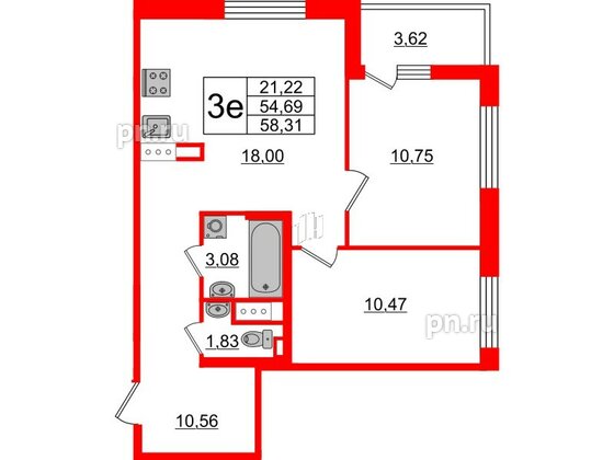 Квартира в ЖК «Черная Речка», 2 комнатная, 54.69 м², 13 этаж