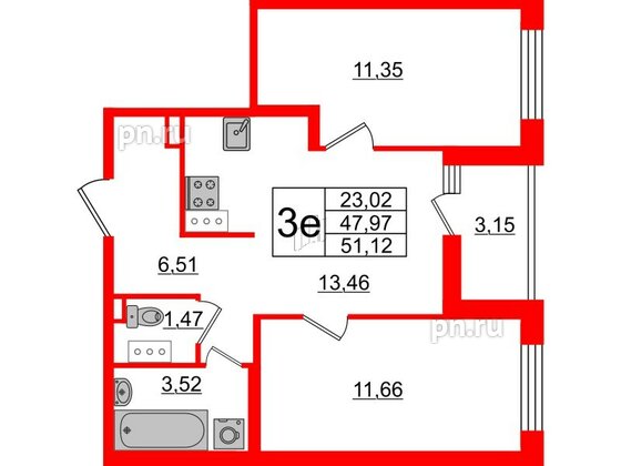 Квартира в ЖК «Черная Речка», 2 комнатная, 47.97 м², 14 этаж