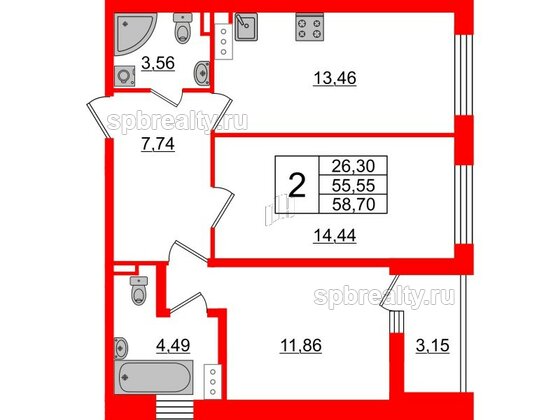 Квартира в ЖК «Черная Речка», 2 комнатная, 55.55 м², 13 этаж