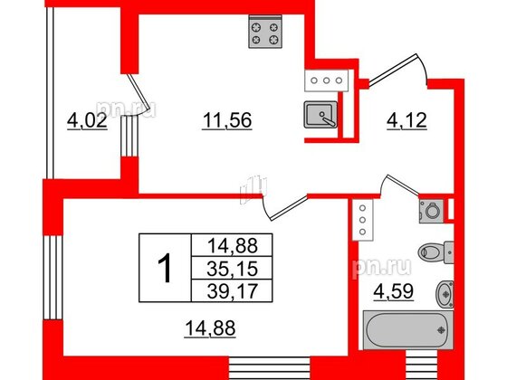 Квартира в ЖК «Черная Речка», 1 комнатная, 35.15 м², 13 этаж