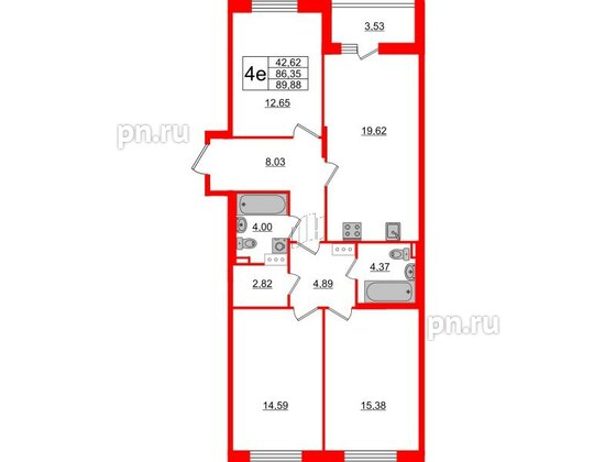 Квартира в ЖК «Черная Речка», 3 комнатная, 86.35 м², 12 этаж