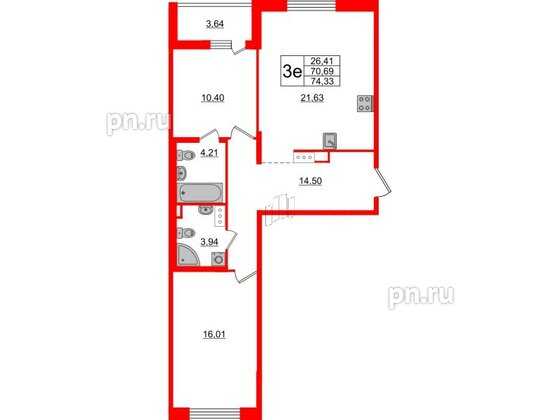 Квартира в ЖК «Черная Речка», 2 комнатная, 70.69 м², 14 этаж