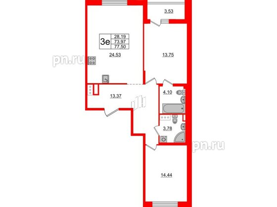 Квартира в ЖК «Черная Речка», 2 комнатная, 73.97 м², 12 этаж