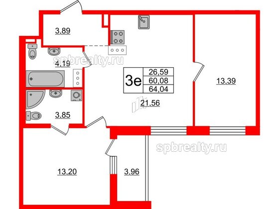 Квартира в ЖК «Черная Речка», 2 комнатная, 60.08 м², 14 этаж