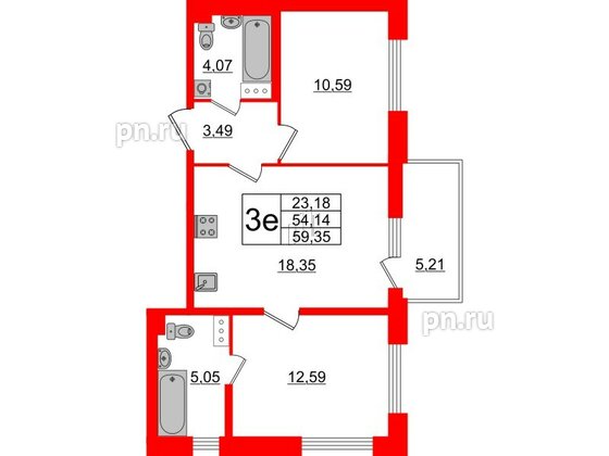 Квартира в ЖК «Черная Речка», 2 комнатная, 54.14 м², 13 этаж