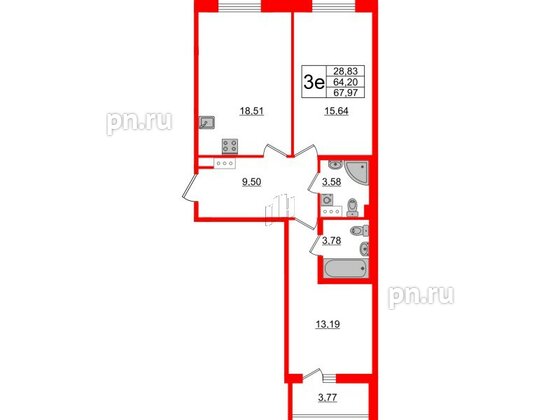 Квартира в ЖК «Черная Речка», 2 комнатная, 64.2 м², 11 этаж