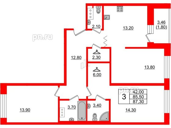 Квартира в ЖК Квартал Уютный, 3 комнатная, 87.3 м², 6 этаж