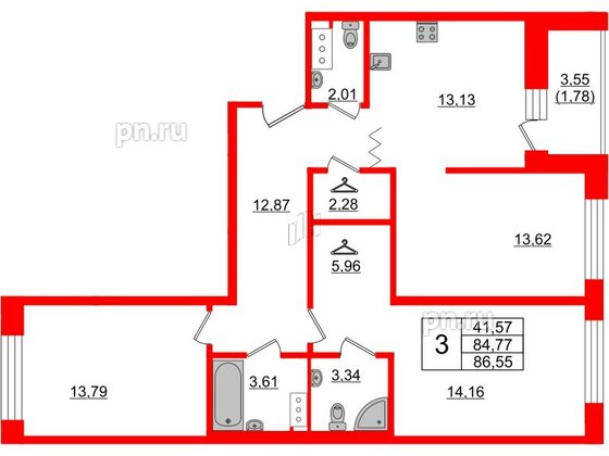 Квартира в ЖК Квартал Уютный, 3 комнатная, 87.2 м², 7 этаж