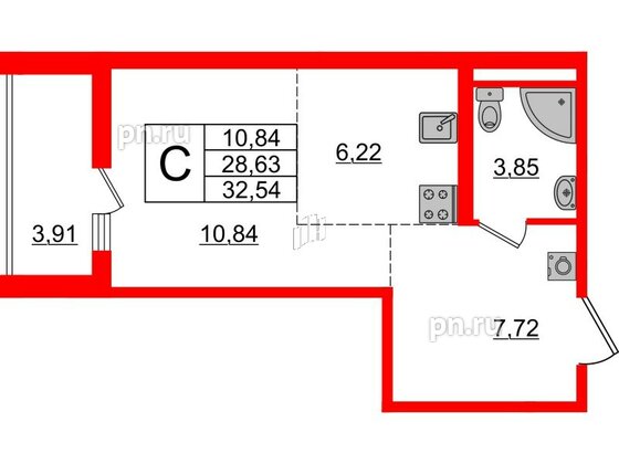 Квартира в ЖК «Черная Речка», студия, 28.63 м², 1 этаж