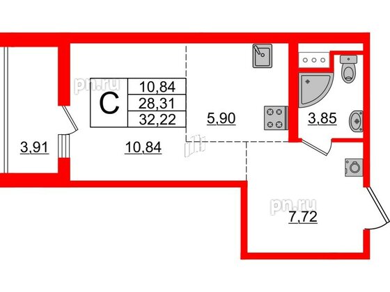 Квартира в ЖК «Черная Речка», студия, 28.31 м², 11 этаж