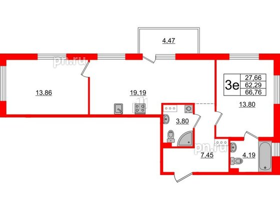 Квартира в ЖК «Черная Речка», 2 комнатная, 62.29 м², 13 этаж