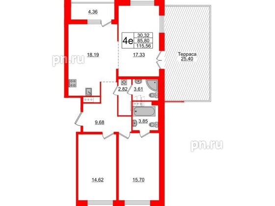 Квартира в ЖК «Черная Речка», 2 комнатная, 85.8 м², 13 этаж