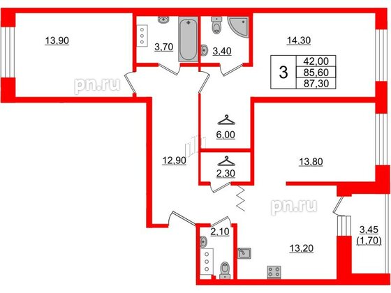 Квартира в ЖК Квартал Уютный, 3 комнатная, 87.3 м², 3 этаж