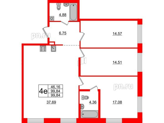 Квартира в ЖК «Черная Речка», 3 комнатная, 99.84 м², 1 этаж