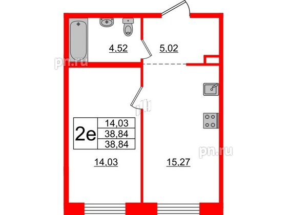 Квартира в ЖК «Черная Речка», 1 комнатная, 38.84 м², 1 этаж